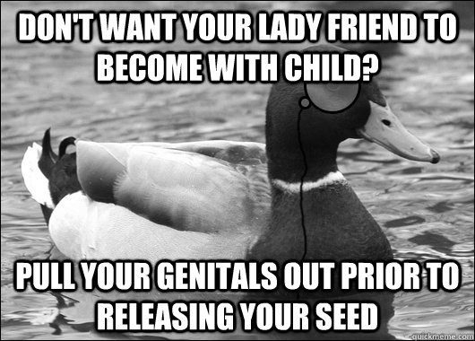 don't want your lady friend to become with child? pull your genitals out prior to releasing your seed  Outdated Advice Mallard