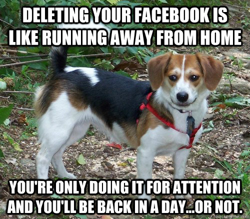 Deleting your Facebook is like running away from home You're only doing it for attention and you'll be back in a day...or not.  
