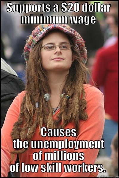 SUPPORTS A $20 DOLLAR MINIMUM WAGE CAUSES THE UNEMPLOYMENT OF MILLIONS OF LOW SKILL WORKERS.  College Liberal
