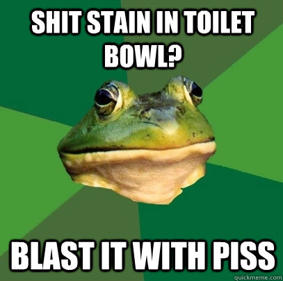 Shit stain in toilet bowl? Blast It with Piss  Foul Bachelor Frog