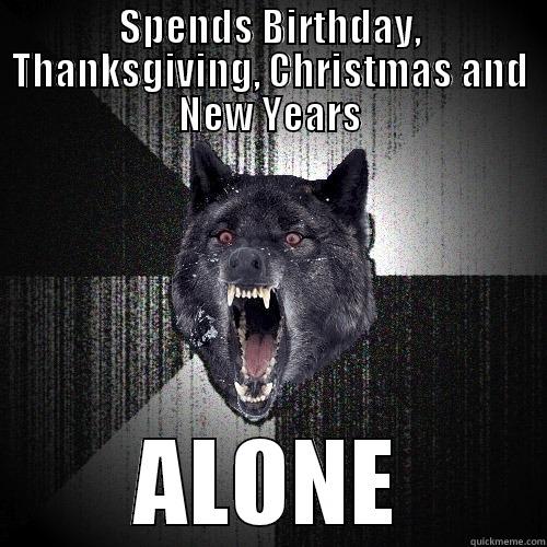 SPENDS BIRTHDAY, THANKSGIVING, CHRISTMAS AND NEW YEARS ALONE Insanity Wolf