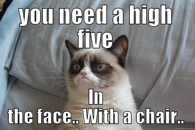 highfive in the face - YOU NEED A HIGH FIVE IN THE FACE.. WITH A CHAIR.. Grumpy Cat