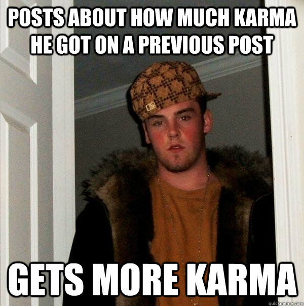 Posts about how much karma he got on a previous post Gets more karma  Scumbag Steve