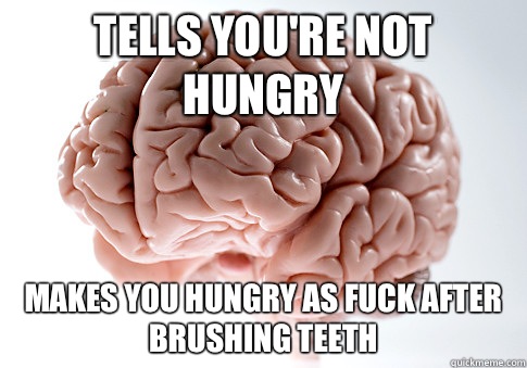 Tells you're not hungry Makes you hungry as fuck after brushing teeth - Tells you're not hungry Makes you hungry as fuck after brushing teeth  Scumbag Brain