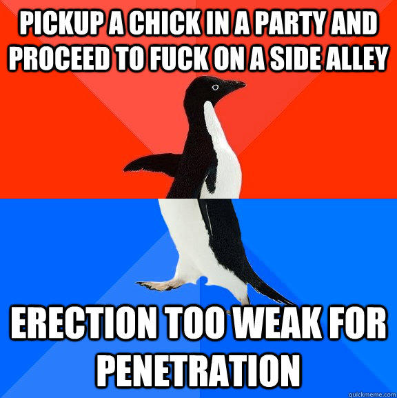 pickup a chick in a party and proceed to fuck on a side alley erection too weak for penetration  Socially Awesome Awkward Penguin