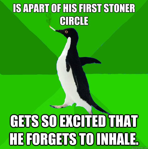 is apart of his first stoner circle gets so excited that he forgets to inhale.  Stoner Penguin