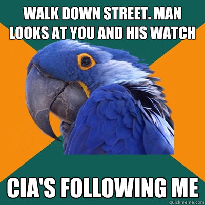Walk down street. Man looks at you and his watch CIA's following me  Paranoid Parrot