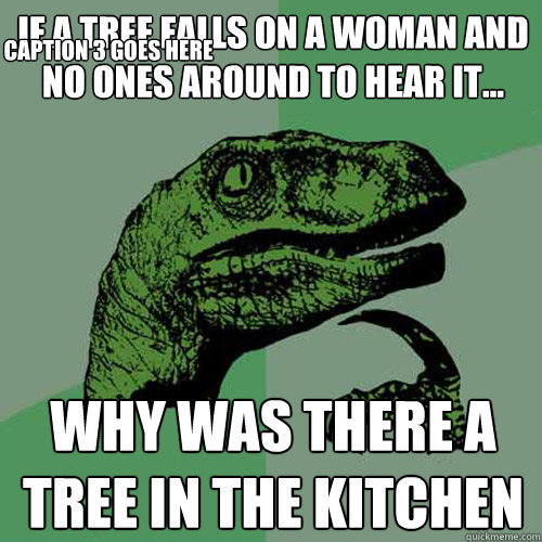 if a tree falls on a woman and no ones around to hear it... why was there a tree in the kitchen Caption 3 goes here  Philosoraptor