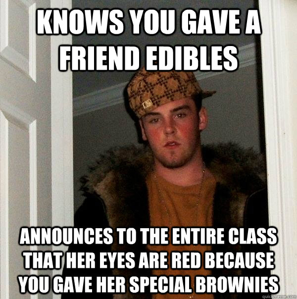 Knows you gave a friend edibles announces to the entire class that her eyes are red because you gave her special brownies - Knows you gave a friend edibles announces to the entire class that her eyes are red because you gave her special brownies  Scumbag Steve