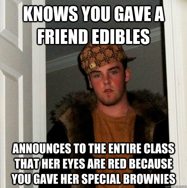 Knows you gave a friend edibles announces to the entire class that her eyes are red because you gave her special brownies  Scumbag Steve