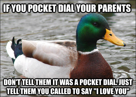 If you pocket dial your parents Don't tell them it was a pocket dial. just tell them you called to say 