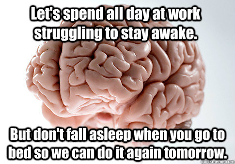 Let's spend all day at work struggling to stay awake. But don't fall asleep when you go to bed so we can do it again tomorrow.   Scumbag Brain