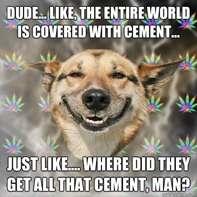 Dude... like, the entire world is covered with cement... Just like.... where did they get all that cement, man? - Dude... like, the entire world is covered with cement... Just like.... where did they get all that cement, man?  Stoner Dog