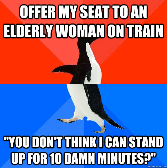 Offer my seat to an elderly woman on train 