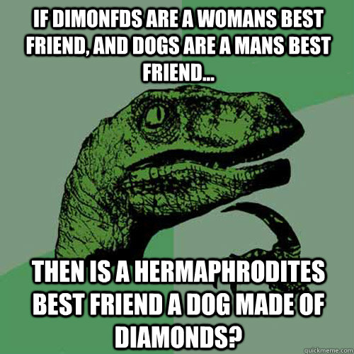 If dimonfds are a womans best friend, and dogs are a mans best friend... Then is a hermaphrodites best friend a dog made of diamonds?  Philosoraptor