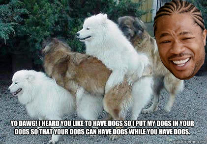 Yo dawg! I heard you like to have dogs so I put my dogs in your dogs so that your dogs can have dogs while you have dogs. - Yo dawg! I heard you like to have dogs so I put my dogs in your dogs so that your dogs can have dogs while you have dogs.  Dog-ception