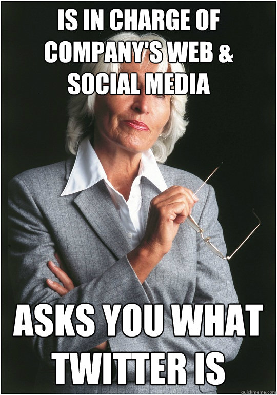 Is in charge of company's web & social media Asks you what Twitter is  Bitchy Bosslady