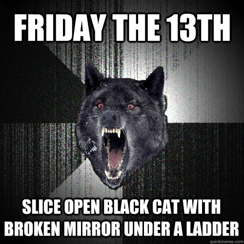 Friday the 13th Slice open black cat with broken mirror under a ladder  Insanity Wolf