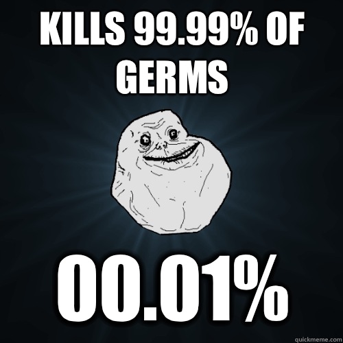 Kills 99.99% of germs 00.01%  Forever Alone