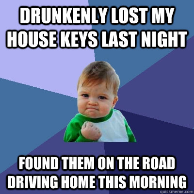 Drunkenly lost my house keys last night found them on the road driving home this morning  Success Kid