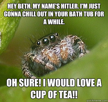 Hey Beth, my name's Hitler. I'm just gonna chill out in your bath tub for a while. Oh sure! I would love a cup of tea!!  Misunderstood Spider