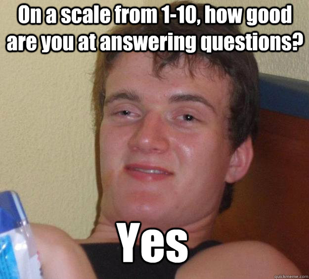 On a scale from 1-10, how good are you at answering questions? Yes - On a scale from 1-10, how good are you at answering questions? Yes  Over-Stoned Dave