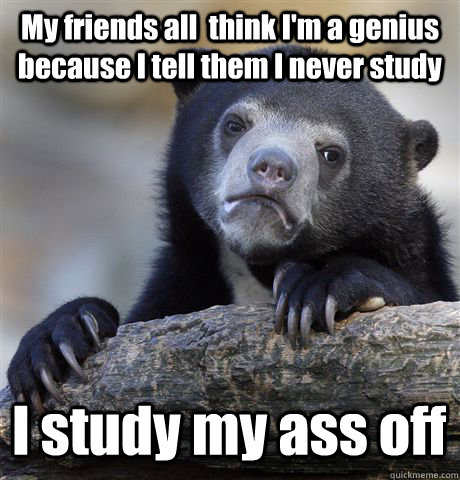My friends all  think I'm a genius because I tell them I never study I study my ass off  Confession Bear