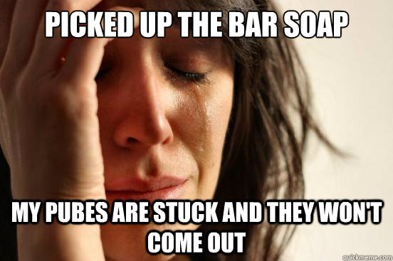 picked up the bar soap my pubes are stuck and they won't come out  First World Problems