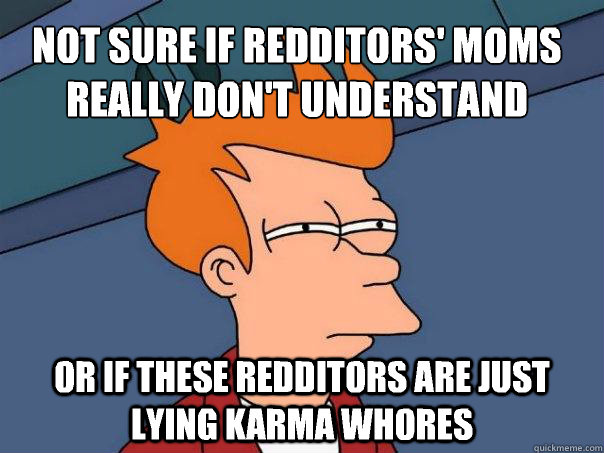 Not sure if redditors' moms really don't understand memes Or if these redditors are just lying karma whores  Futurama Fry