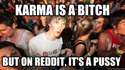 Karma is a bitch But on reddit, it's a pussy  Sudden Clarity Clarence