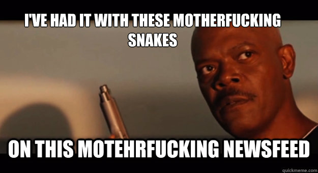 i've had it with these motherfucking snakes on this motehrfucking newsfeed - i've had it with these motherfucking snakes on this motehrfucking newsfeed  Fed Up Samuel L Jackson