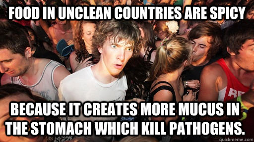 Food in unclean countries are spicy Because it creates more mucus in the stomach which kill pathogens.  Sudden Clarity Clarence