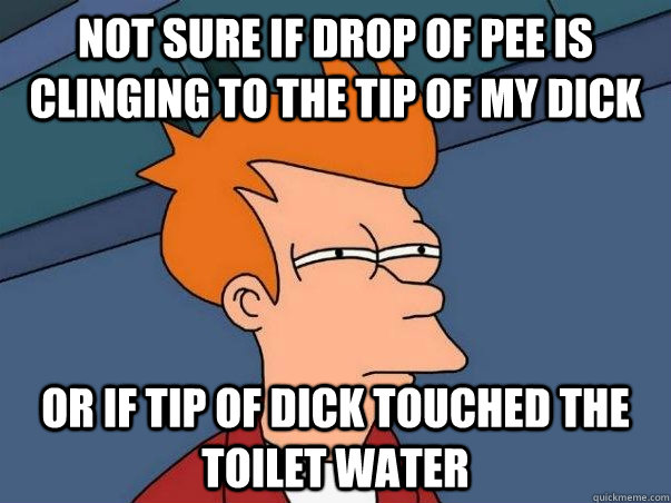 Not sure if drop of pee is clinging to the tip of my dick Or if tip of dick touched the toilet water  Colorblind Futurama Fry