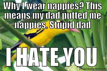 Black Naped Oriole - WHY I WEAR NAPPIES? THIS MEANS MY DAD PUTTED ME NAPPIES. STUPID DAD I HATE YOU Misc