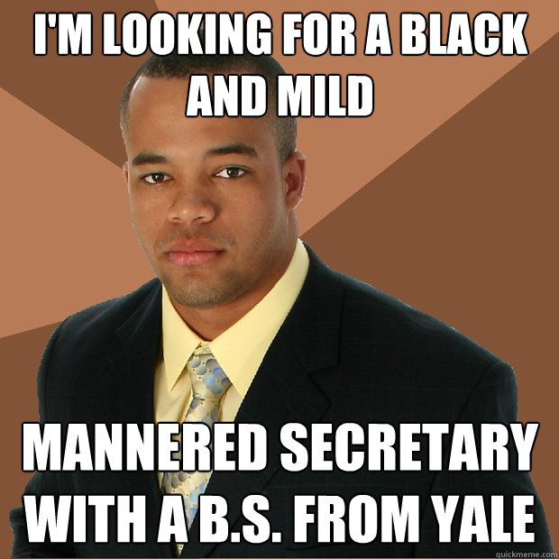 I'm looking for a black and mild mannered secretary with a B.s. from yale - I'm looking for a black and mild mannered secretary with a B.s. from yale  Successful Black Man