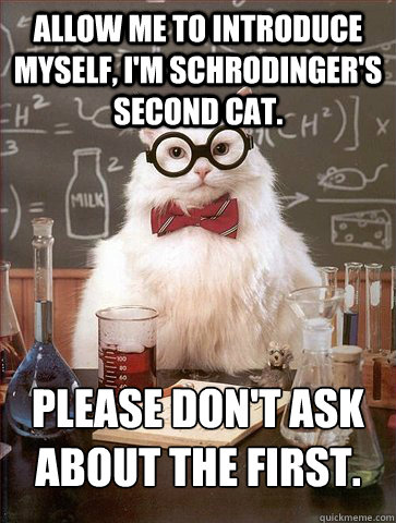 Allow me to introduce myself, I'm Schrodinger's second cat. Please don't ask about the first. - Allow me to introduce myself, I'm Schrodinger's second cat. Please don't ask about the first.  Science Cat
