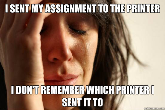 I sent my assignment to the printer I don't remember which printer I sent it to  First World Problems