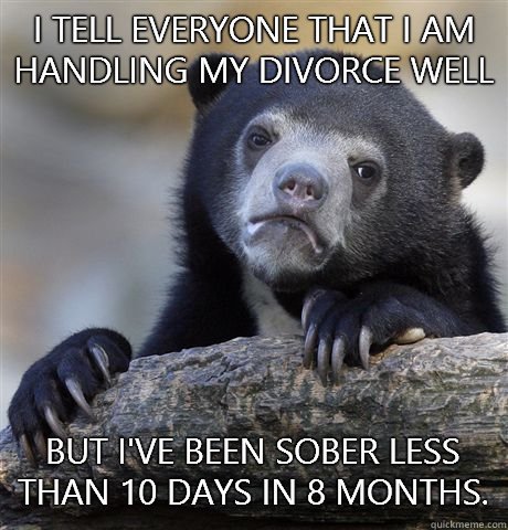 I tell everyone that I am handling my divorce well but I've been sober less than 10 days in 8 months.   Confession Bear