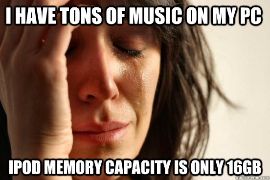 i have tons of music on my pc ipod memory capacity is only 16gb  First World Problems