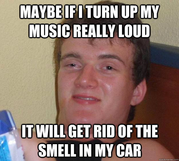 Maybe if I turn up my music really loud It will get rid of the smell in my car   10 Guy