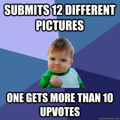Submits 12 different pictures One gets more than 10 upvotes  Success Kid