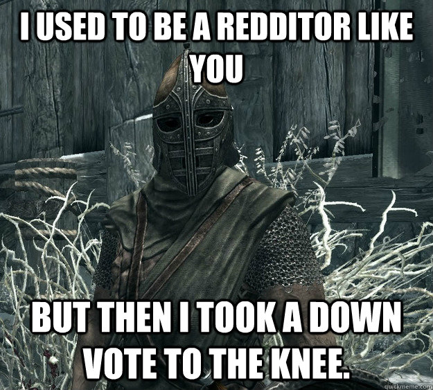 I used to be a redditor like you but then I took a down vote to the knee.  Skyrim Guard