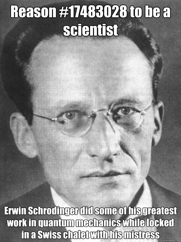 Reason #17483028 to be a scientist Erwin Schrodinger did some of his greatest work in quantum mechanics while locked in a Swiss chalet with his mistress  schrodinger