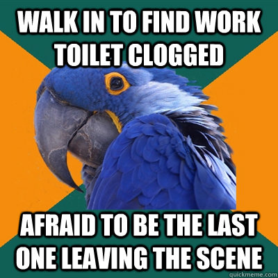 Walk in to find work toilet clogged afraid to be the last one leaving the scene - Walk in to find work toilet clogged afraid to be the last one leaving the scene  Paranoid Parrot