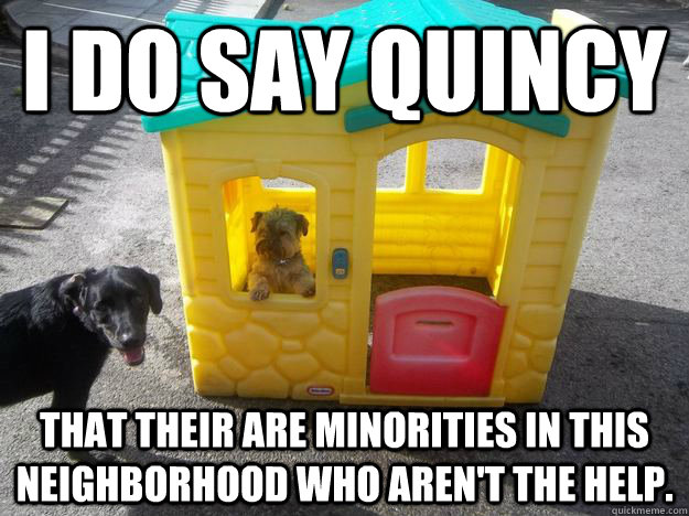 I do say Quincy  That their are minorities in this neighborhood who aren't the help.  - I do say Quincy  That their are minorities in this neighborhood who aren't the help.   Upper Class White Dog