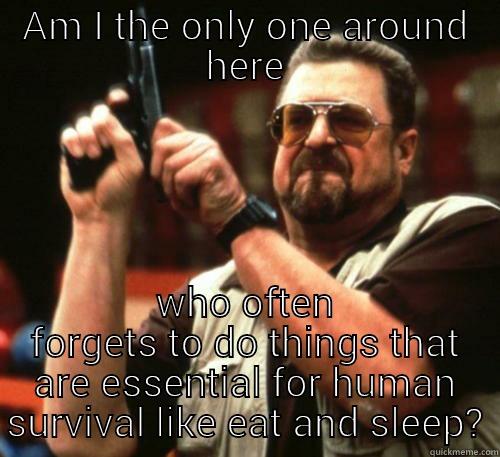 AM I THE ONLY ONE AROUND HERE WHO OFTEN FORGETS TO DO THINGS THAT ARE ESSENTIAL FOR HUMAN SURVIVAL LIKE EAT AND SLEEP? Am I The Only One Around Here