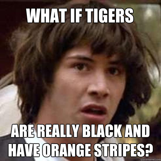what if tigers are really black and have orange stripes?  conspiracy keanu