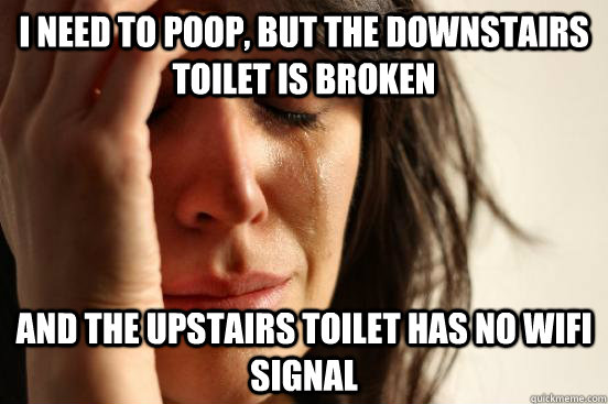 I need to poop, but the downstairs toilet is broken and the upstairs toilet has no wifi signal  First World Problems