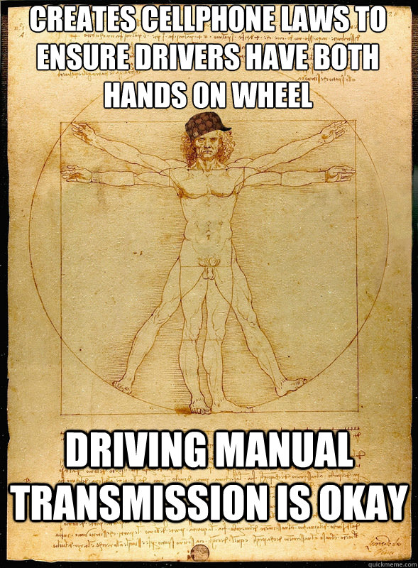 creates cellphone laws to ensure drivers have both hands on wheel driving manual transmission is okay  