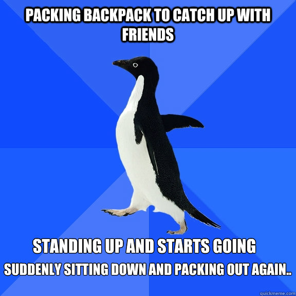 Packing Backpack To Catch Up With Friends Standing Up And Starts